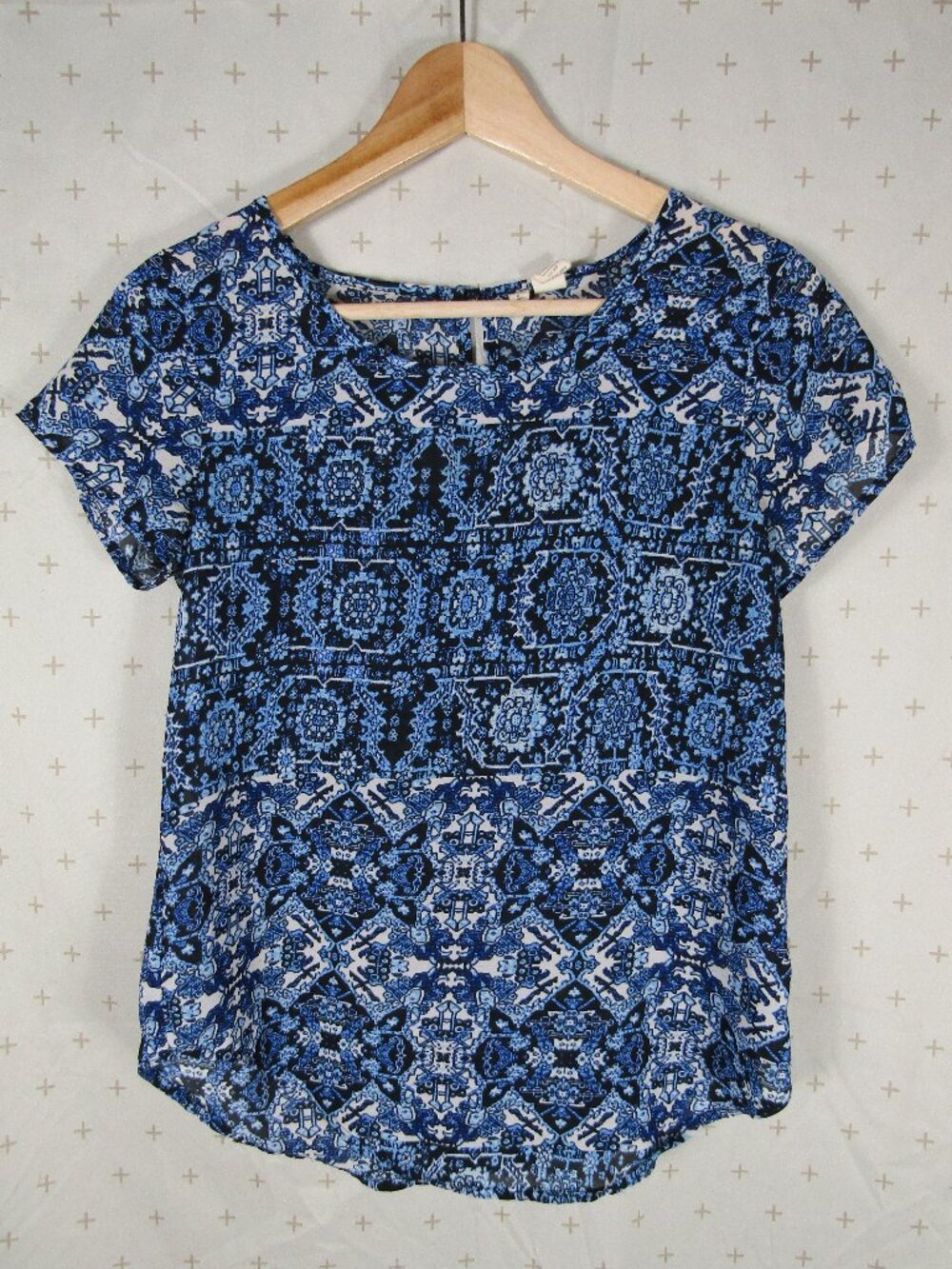 Japna Blue Patterned Short Sleeve Blouse Women's size XS Lightweight Boho Summer